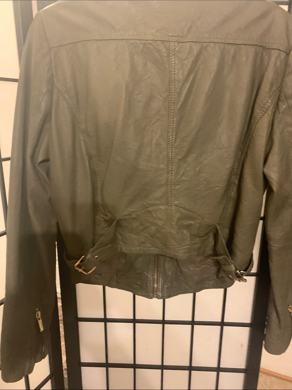 Michael Kors Olive Green Leather Zip Jacket with Gold Hardware - Picture 2 of 5